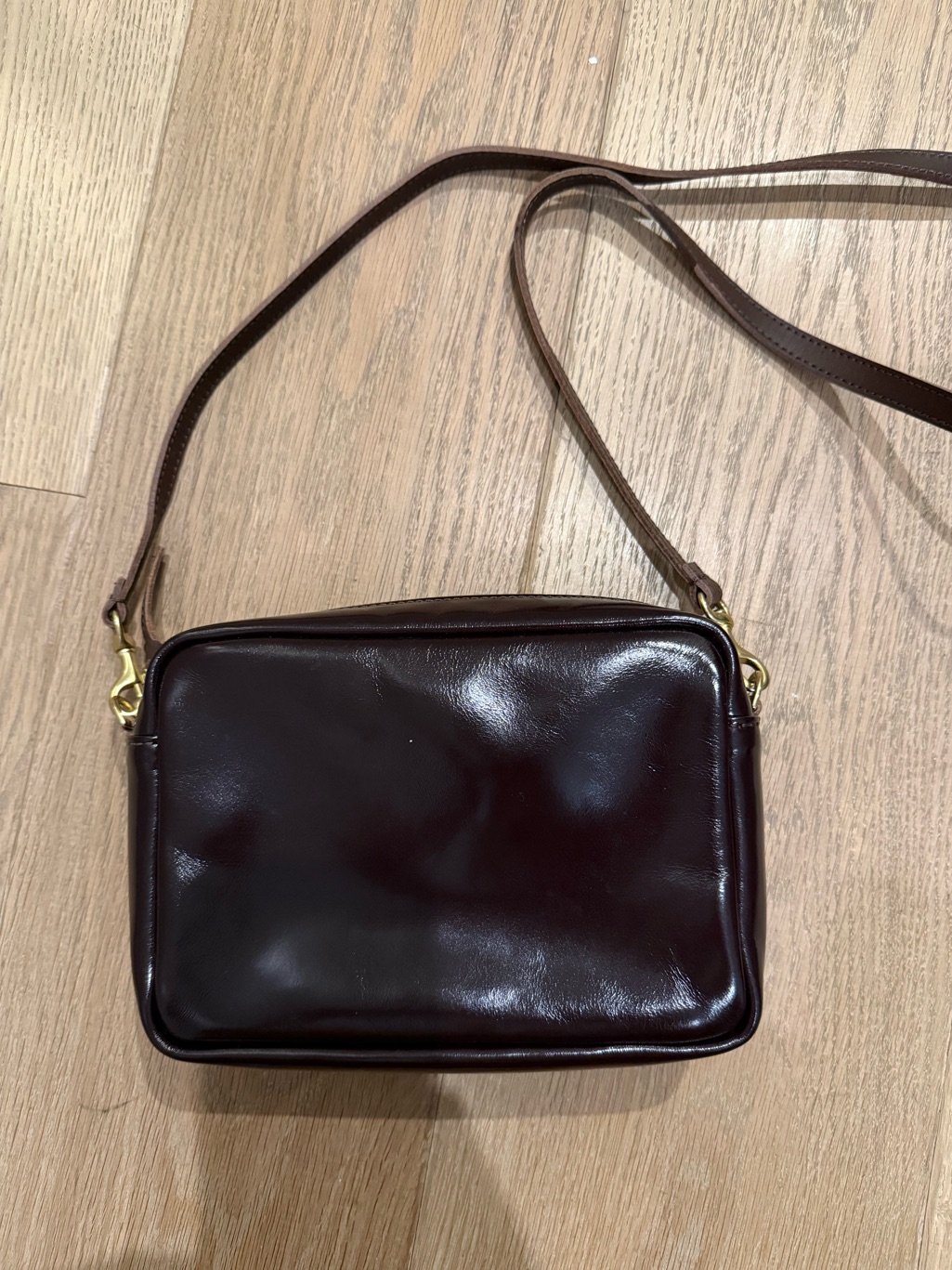 Claire V Dark Brown Patent Leather Crossbody With Additional Chunky Silver Chain